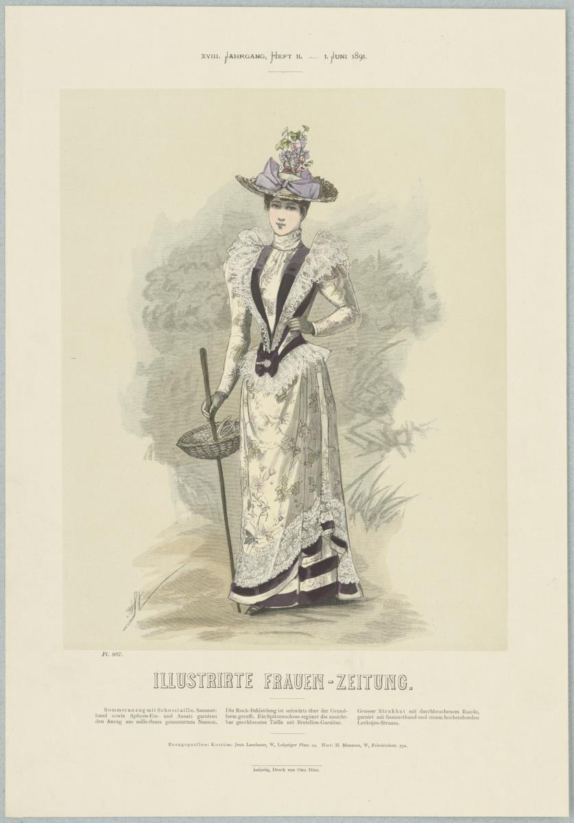 Illustrirte Frauen-Zeitung: Sommeranzug mit Schosstaille und großem Strohhut