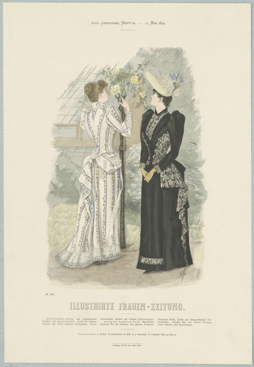 Illustrirte Frauen-Zeitung: Gesellschafts-Anzug mit kleinen Paniers und Anzug mit drapiertem Rock