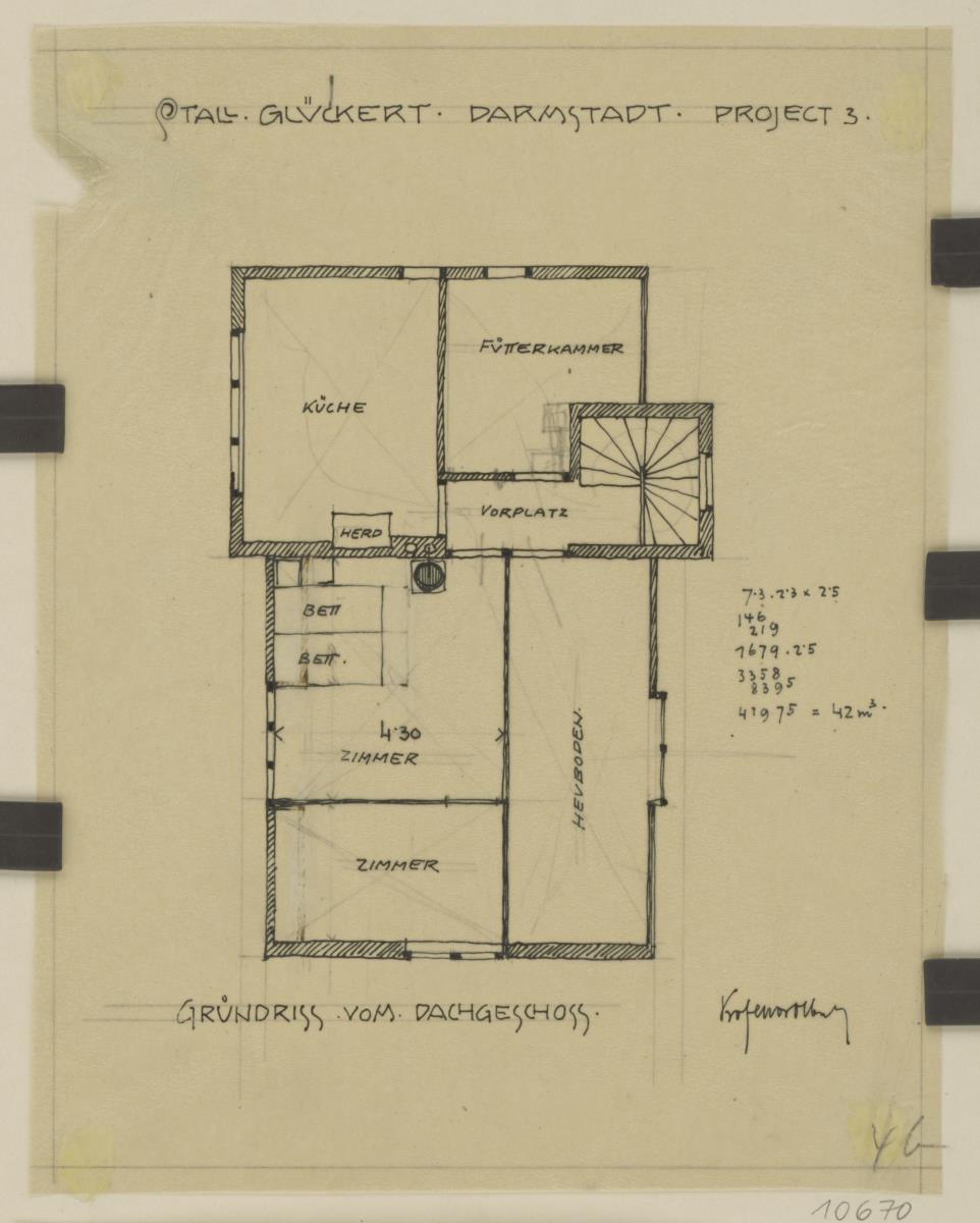 Darmstadt, Projekt Stallgebäude für Julius Glückert, dritte Version, Grundriss des Obergeschosses