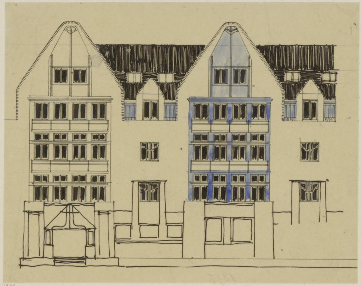 Marienbad, Projekt Kurhotel in Königswart, vorbereitende Skizze, Aufriss eines Teils der Hauptfassade