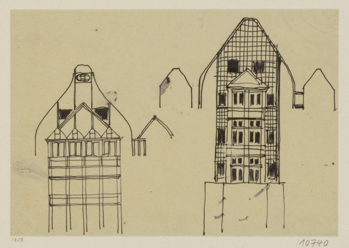 Marienbad, Projekt Kurhotel in Königswart, vorbereitende Skizze, zwei verschiedene Aufrisse eines Teils der Hauptfassade