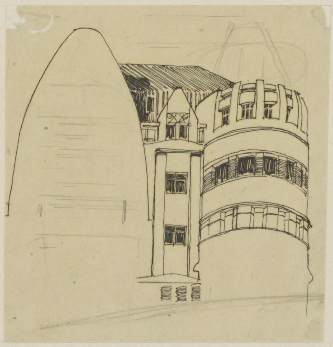 Marienbad, Projekt Kurhotel in Königswart, vorbereitende Skizze zum zweiten Vorentwurf, Perspektive eines Teils der Hauptfassade