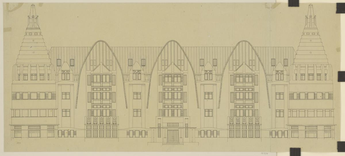 Marienbad, Projekt Kurhotel in Königswart, zweiter Vorentwurf, Aufriss der Hauptfassade