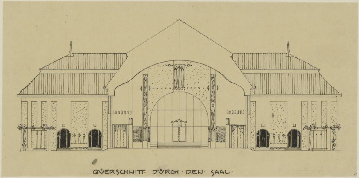Marienbad, Projekt Kurhotel in Königsberg, Querschnitt durch den großen Saal sowie Aufrisse der Fassaden der beiden kleinen Säle nach den Innenhof