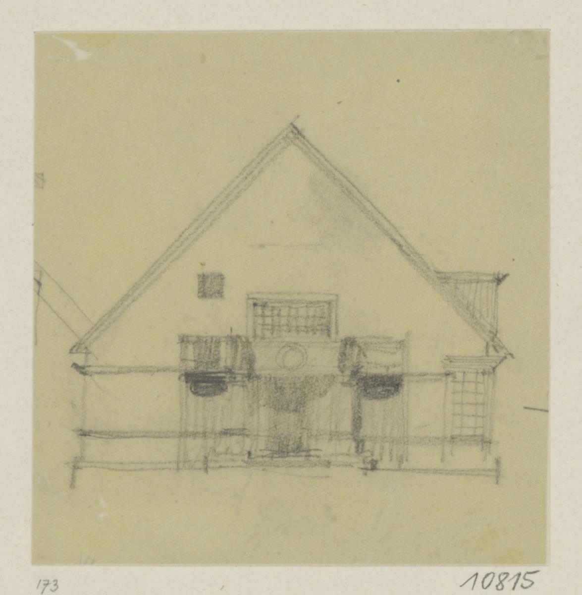 Potsdam Neubabelsberg, Projekt Wohnhaus für Friedrich Sarre, erster Vorentwurf, Skizzenblatt mit Aufriss der Hauptfassade