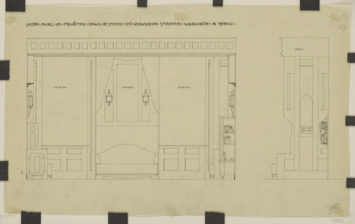 Turin, Projekt Herrenzimmer für Carlo Stratta, Aufriss der Fensterwand, Seitenansicht des Sofas und der Nischenwand