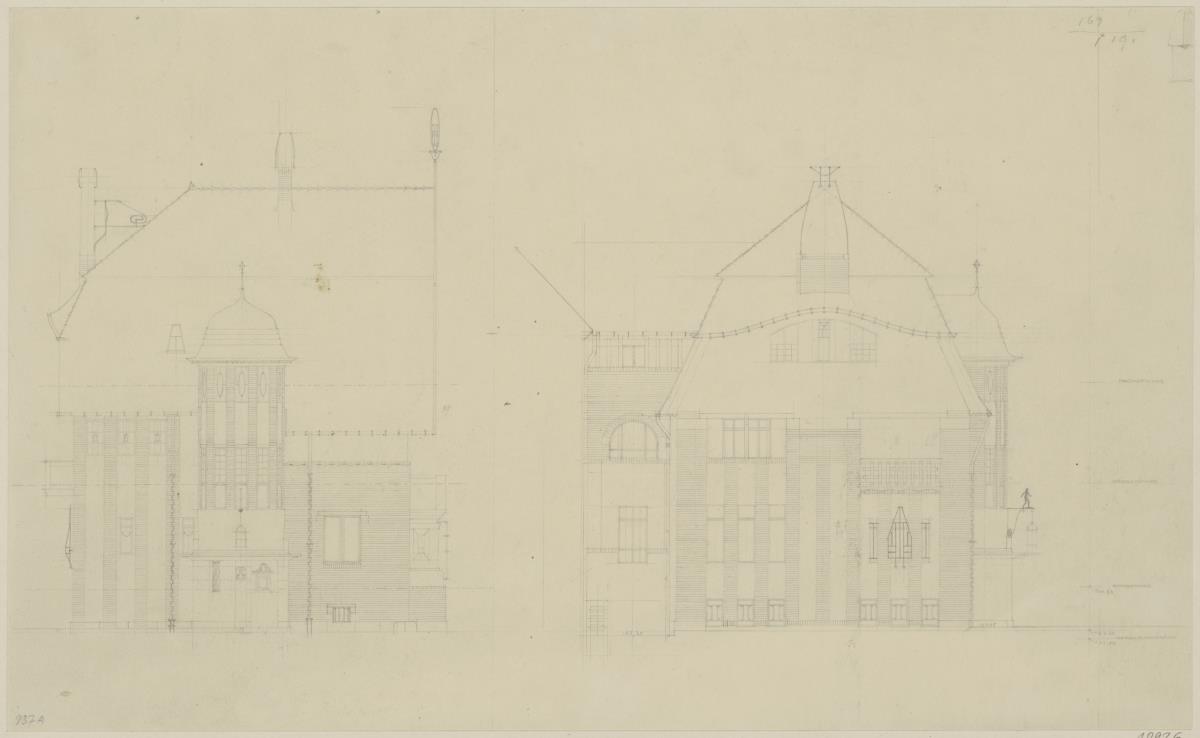 Darmstadt, Dreihäusergruppe, Aufrisse der Nord und Ostfassade des Blauen Hauses