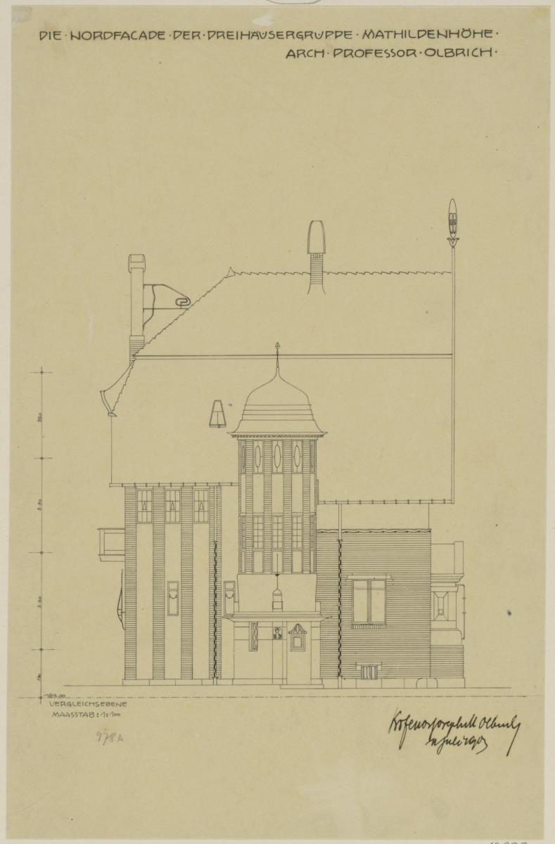 Darmstadt, Dreihäusergruppe, Aufriss der Nordfassade des Blauen Hauses