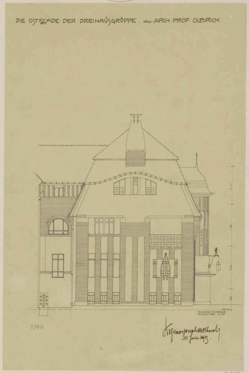Darmstadt, Dreihäusergruppe, Aufriss der Ostfassade des Blauen Hauses