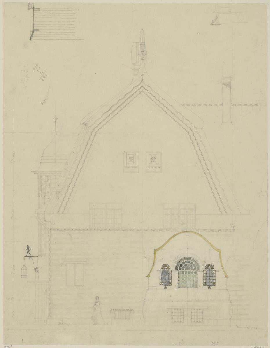 Darmstadt, Dreihäusergruppe, Aufriss der Westfassade des Blauen Hauses