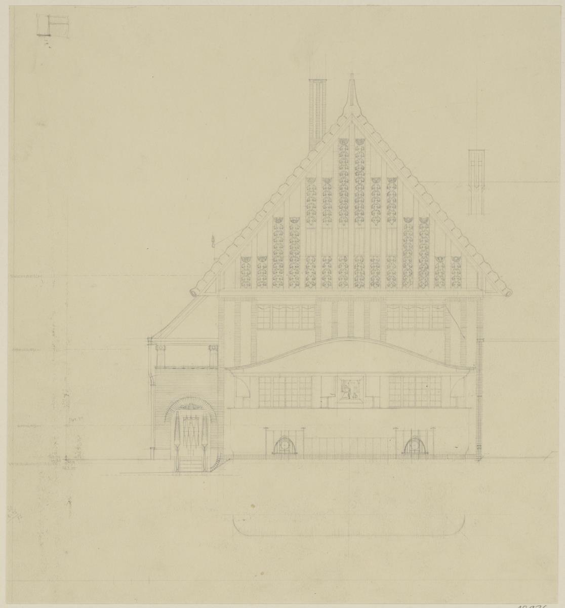 Darmstadt, Dreihäusergruppe, Aufriss der Südfassade des Eckhauses
