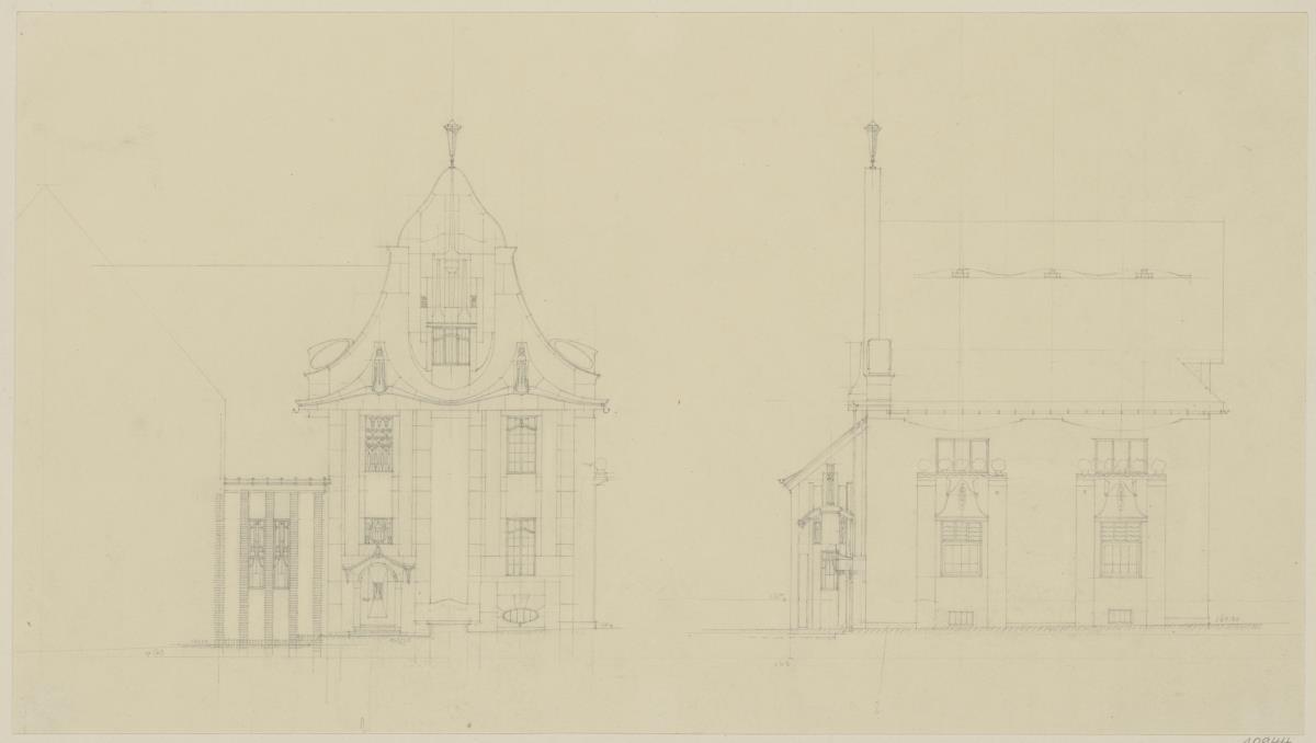 Darmstadt, Dreihäusergruppe, Aufrisse der Süd und Ostfassade des Predigerhauses