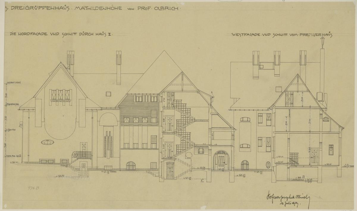 Darmstadt, Dreihäusergruppe, Aufrisse der Nordfassaden mit Schnitt durch das Blaue Haus sowie Aufriss der Westfassade und Schnitt durch das Predigerhaus