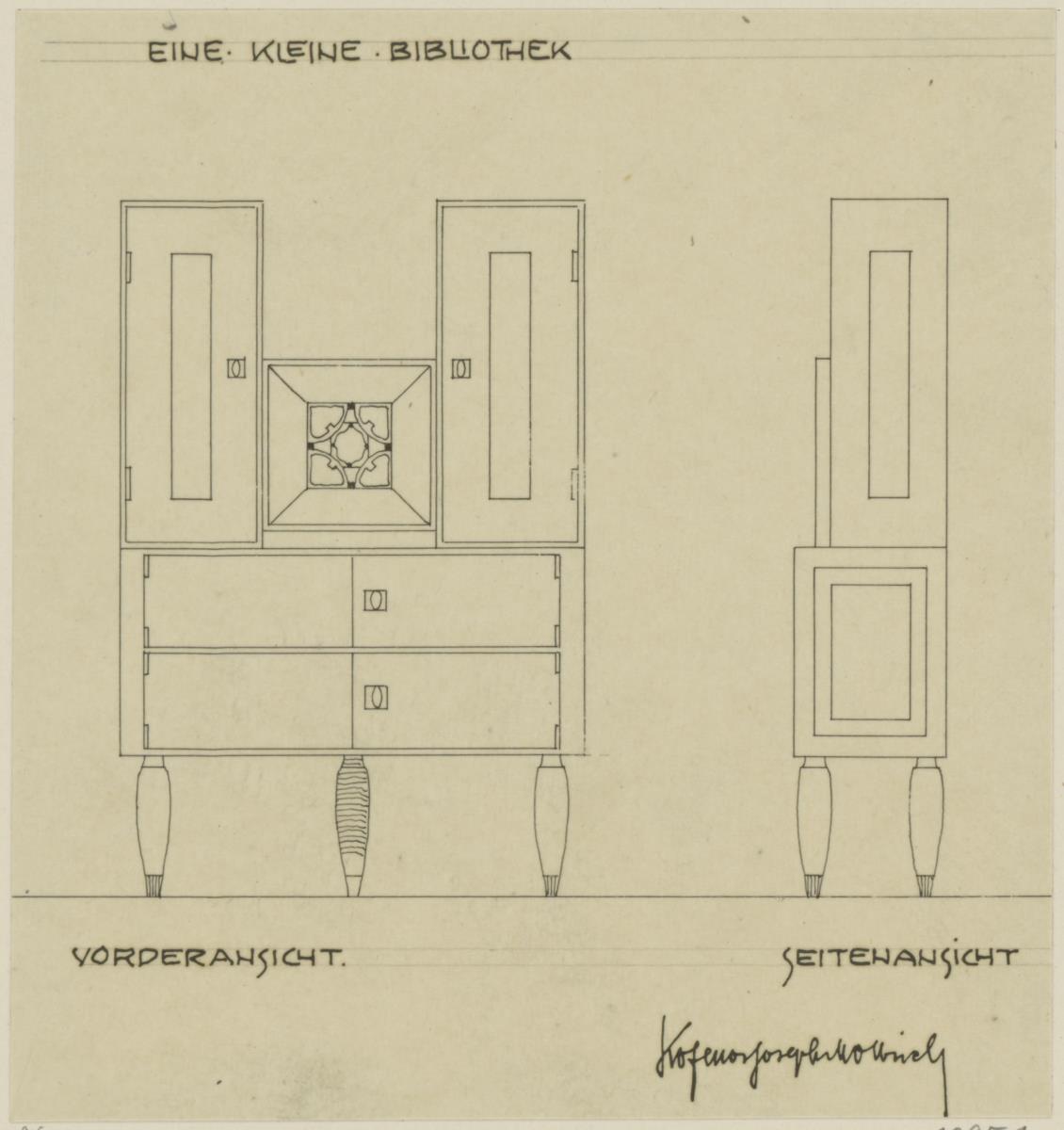 Darmstadt, Dreihäusergruppe, Eckhaus, Erdgeschoss, Wolhnzimmer,  Raum 3, Aufriss und Seitenansicht des Bücherschrankes