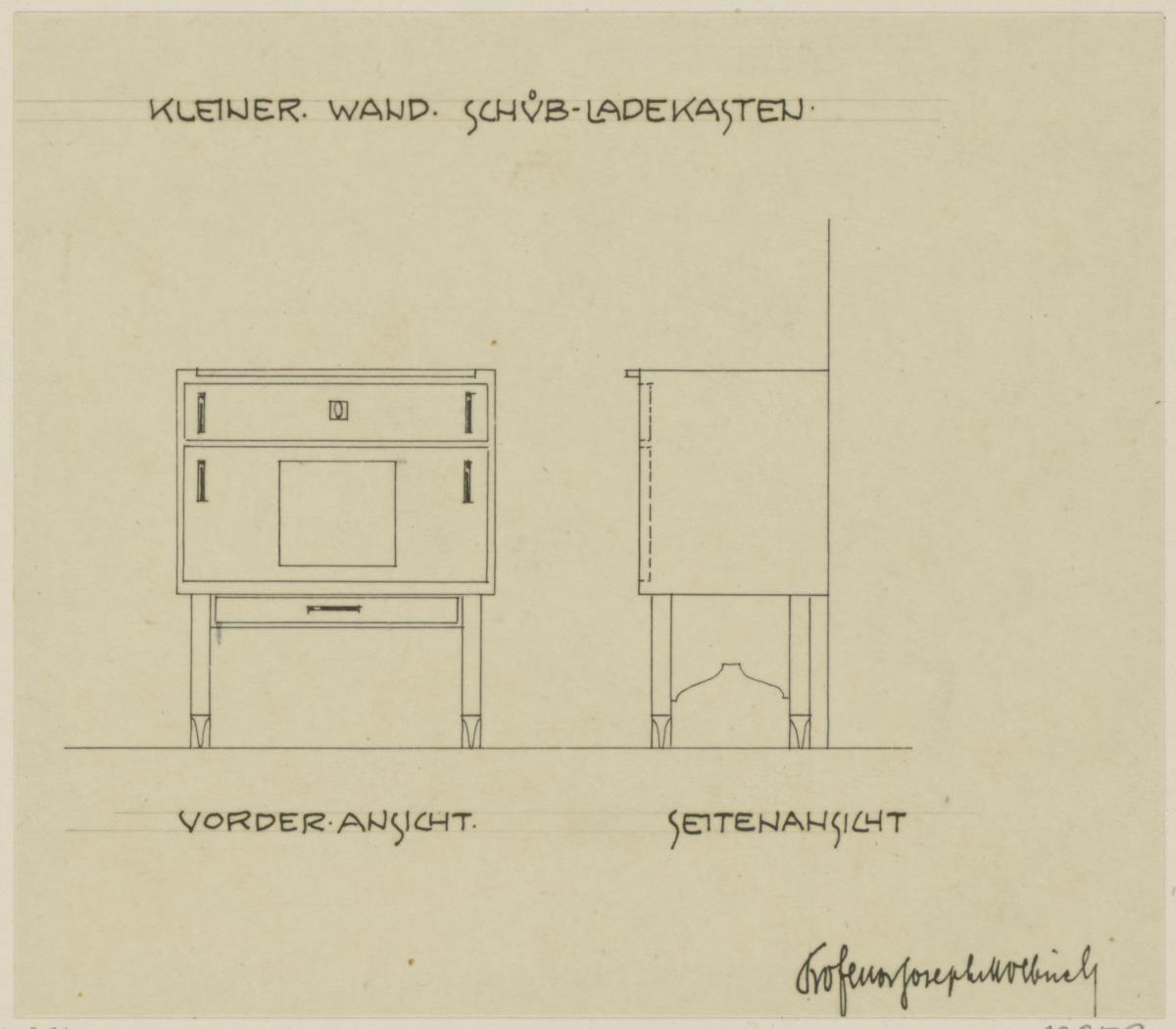 Darmstadt, Dreihäusergruppe, Eckhaus, Erdgeschoss, Wohnzimmer, Raum 3, Aufriss und Seitenansicht der Kommode