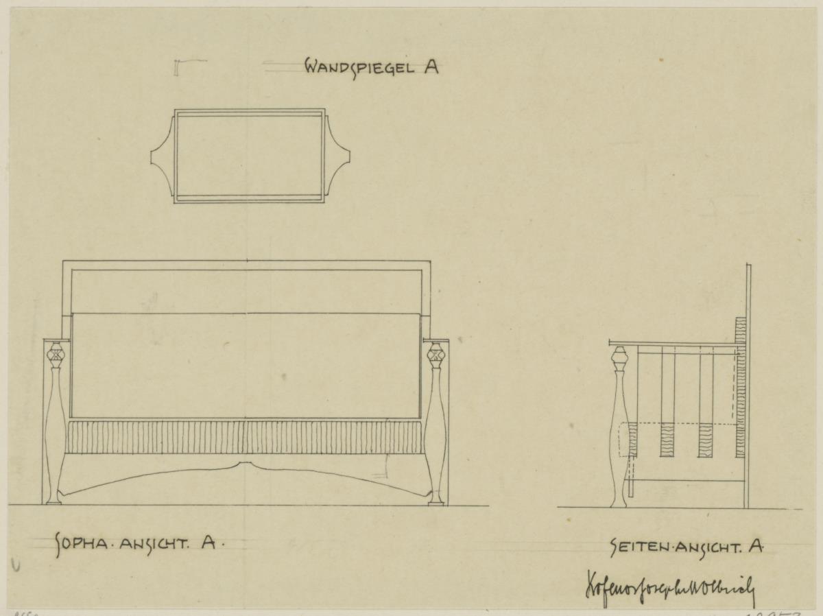 Darmstadt, Dreihäusergruppe, Eckhaus, Erdgeschoss, Wohnzimmer, Raum 3, Aufriss und Seitenansicht des Sofas sowie Aufriss des Wandspiegels