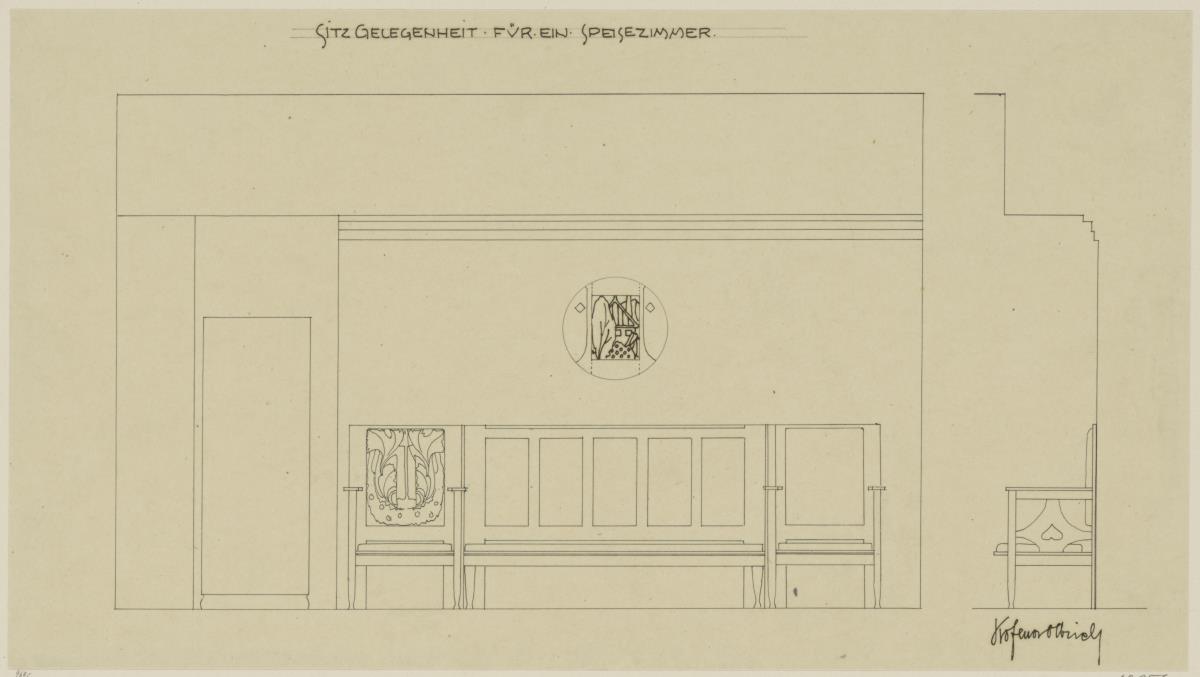 Darmstadt, Dreihäusergruppe, Eckhaus, Erdgeschoss, Speisezimmer, Raum 4, Aufriss der Nordwand sowie Profil der Sitznische
