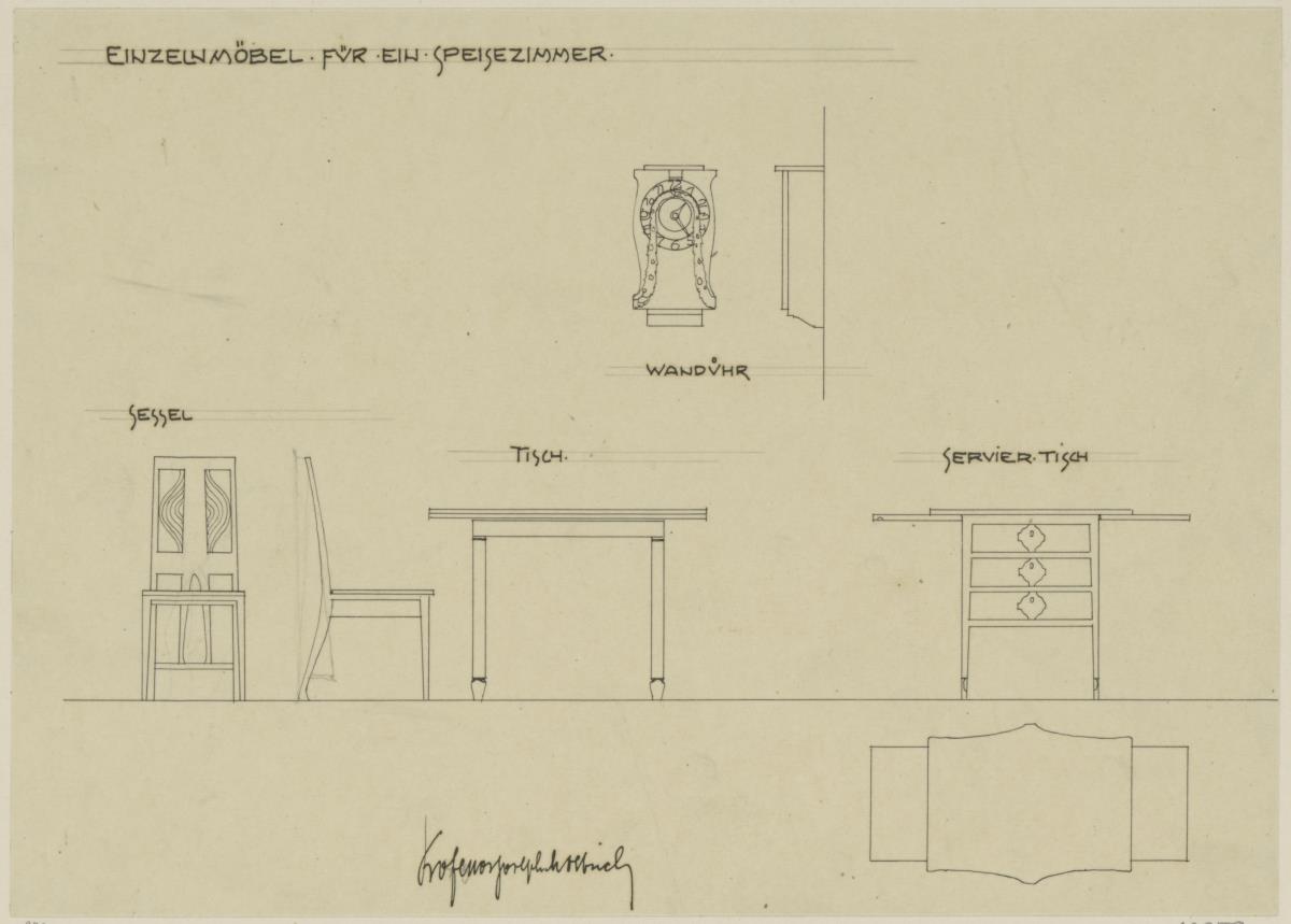 Darmstadt, Dreihäusergruppe, Eckhaus, Erdgeschoss, Speisezimmerr, Raum 4, Aufrisse und Seitenansichten von Uhr und Stuhl, Aufriss und Grundriss des Serviertisches sowie Aufriss des Tisches
