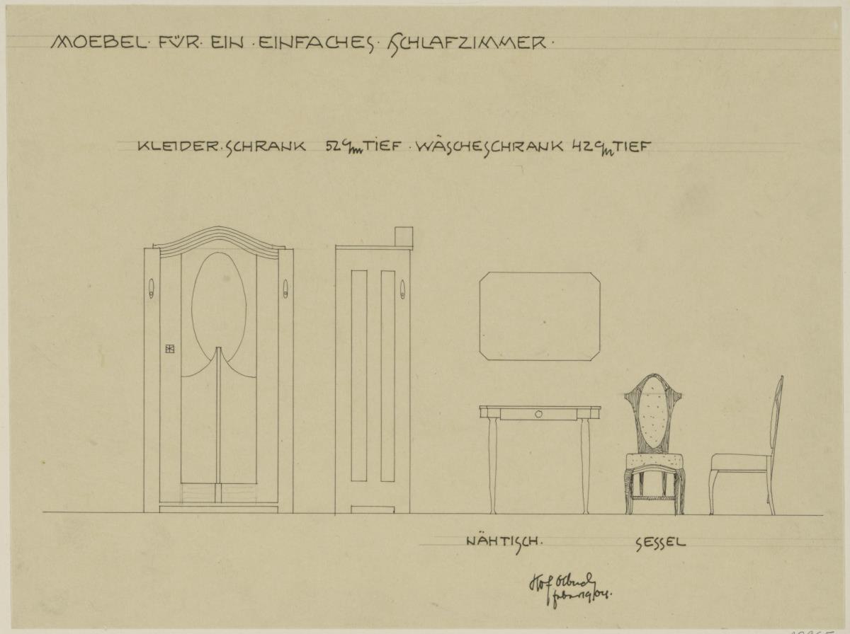 Darmstadt, Dreihäusergruppe, Eckhaus, erstes Obergeschoss, Schlafzimmer, Raum 10, Aufrisse und Seitenansichten von Schrank und Stuhl sowie Aufriss und Grundriss des Tisches