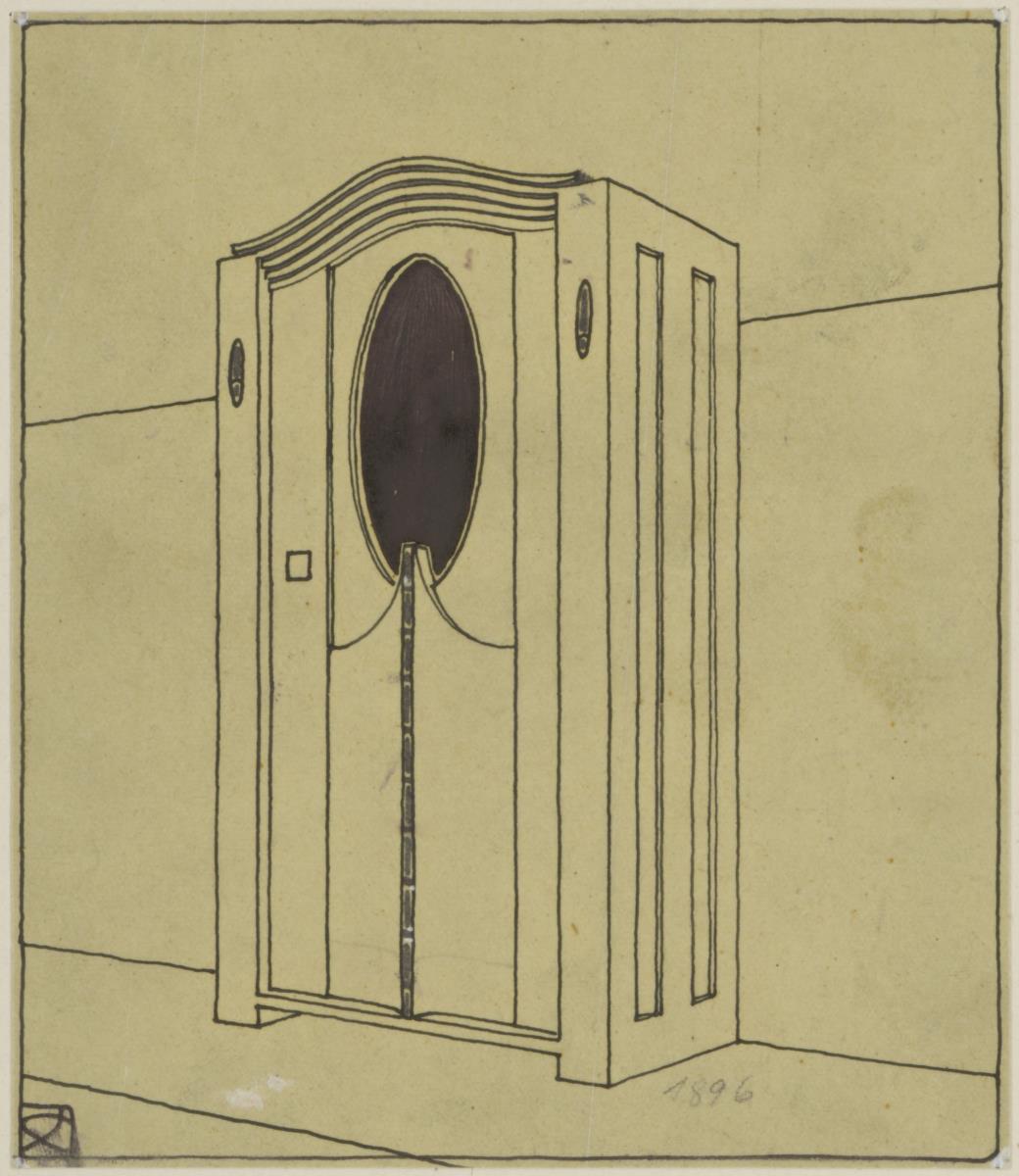 Darmstadt, Dreihäusergruppe, Eckhaus, erstes Obergeschoss, Schlafzimmer, Raum 10, Perspektive des Schrankes