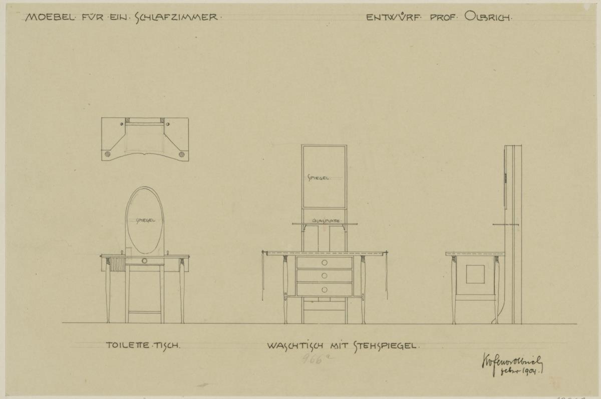 Darmstadt, Dreihäusergruppe, Eckhaus, erstes Obergeschoss, Schlafzimmer, Raum 10, Grundriss und Aufriss des Toilettentisches sowie Aufriss und Seitenansicht des Waschtisches