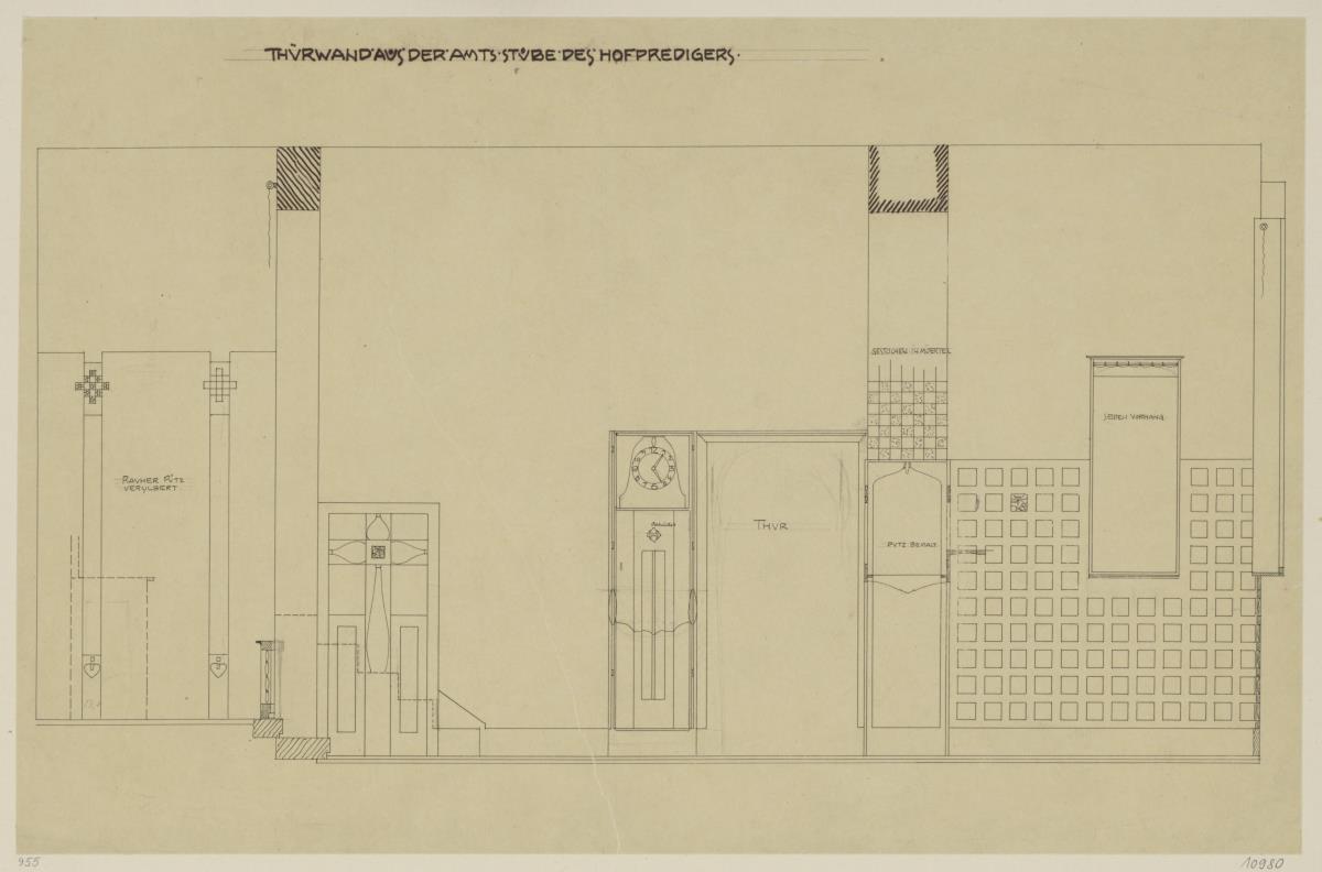 Darmstadt, Dreihäusergruppe, Predigerhaus, Erdgeschoss, Amtszimmer, Raum 28, Aufriss der Ostwand