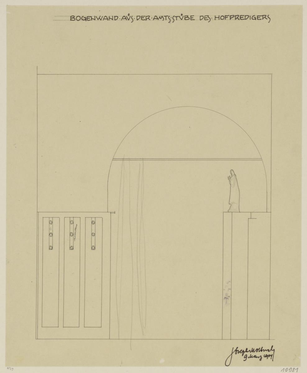 Darmstadt, Dreihäusergruppe, Predigerhaus, Erdgeschoss, Amtszimmer, Raum 28, Aufriss der Südwand zum Erker