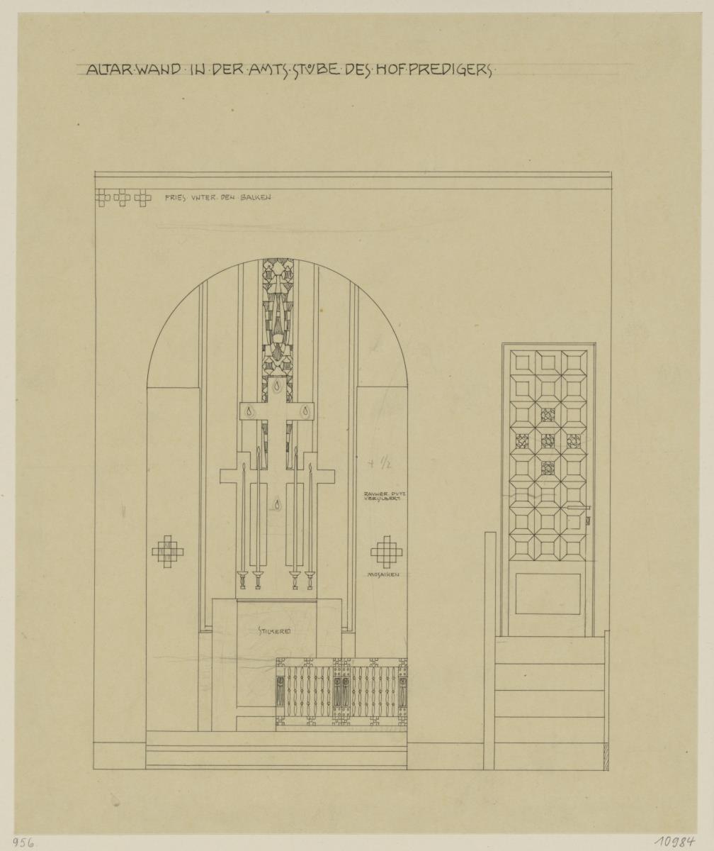 Darmstadt, Dreihäusergruppe, Predigerhaus, Erdgeschoss, Amtszimmer, Raum 28, Aufriss der Nordwand