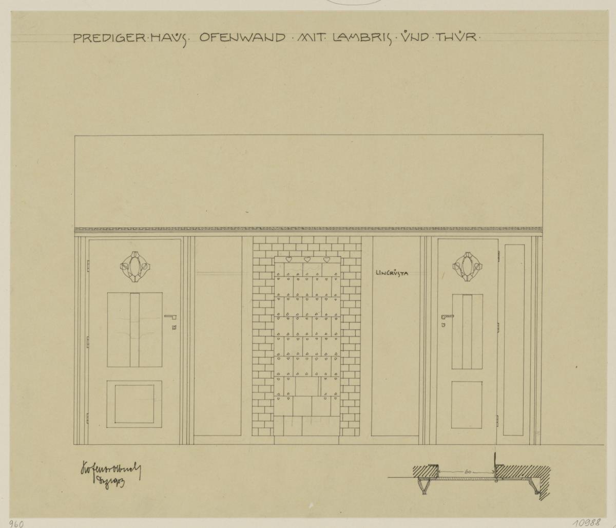 Darmstadt, Dreihäusergruppe, Predigerhaus, Erdgeschoss, Diele, Raum 29, Aufriss der Ostwand und Grundrissdetail