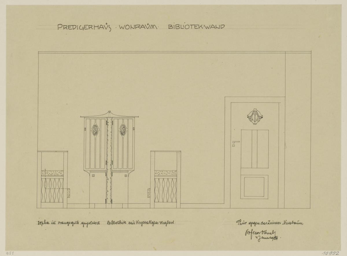 Darmstadt, Dreihäusergruppe, Predigerhaus, Erdgeschoss, Wohnzimmer, Raum 30, Aufriss der Westwand