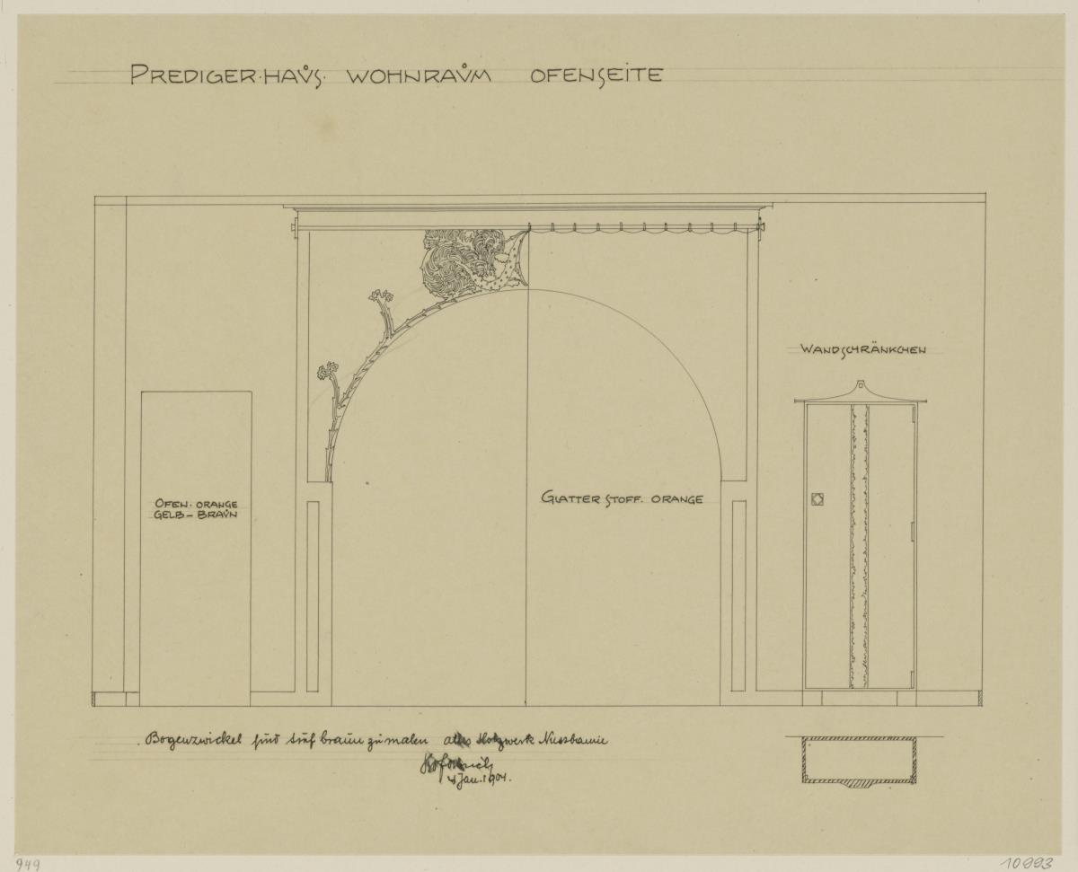 Darmstadt, Dreihäusergruppe, Predigerhaus, Erdgeschoss, Wohnzimmer, Raum 30, Aufriss der Nordwand und Grundriss eines Zierschrankes