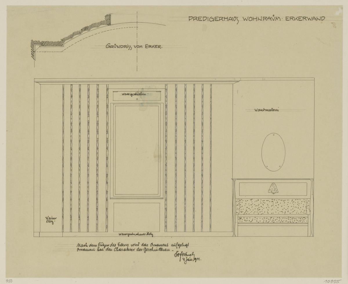 Darmstadt, Dreihäusergruppe, Predigerhaus, Erdgeschoss, Wohnzimmer, Raum 30, Aufriss der Südwand und Grundriss des Erkers