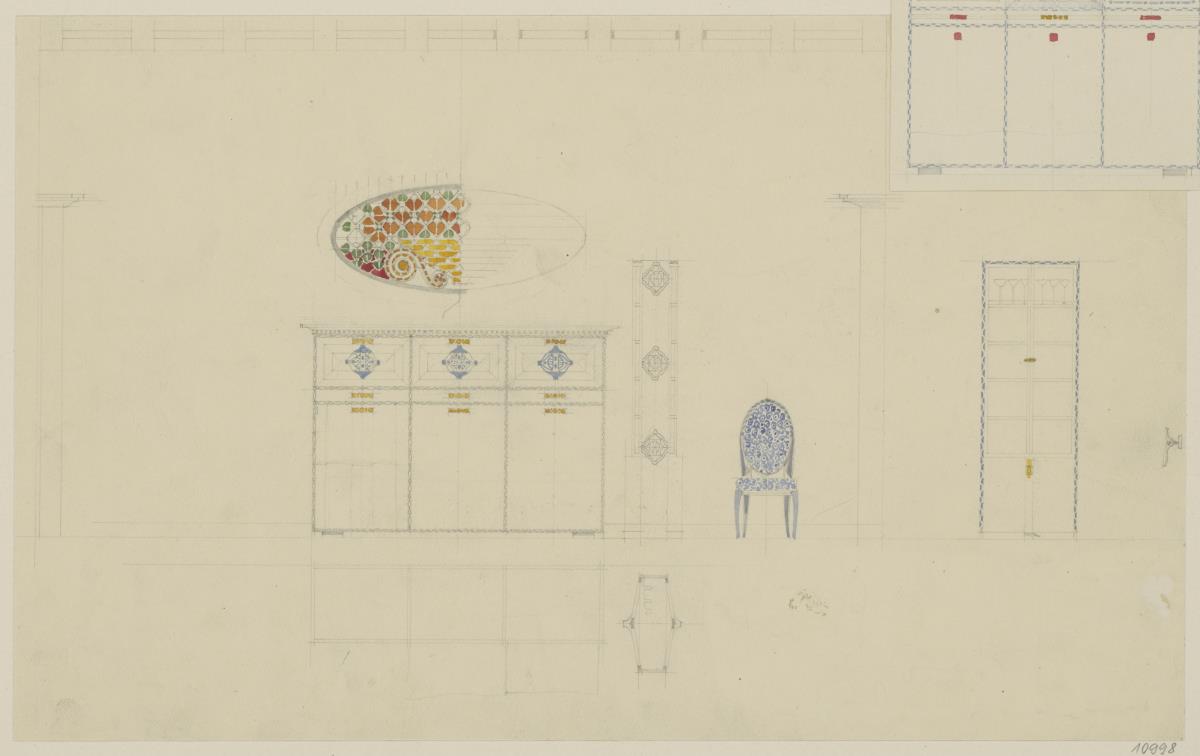Darmstadt, Dreihäusergruppe, Predigerhaus, Erdgeschoss, Speisezimmer, Raum 31, Aufriss der Nordwand und Grundrisse der Schränke