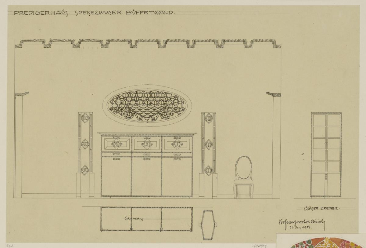 Darmstadt, Dreihäusergruppe, Predigerhaus, Erdgeschoss, Speisezimmer, Raum 31, Aufriss der Nordwand und Grundrisse der Schränke