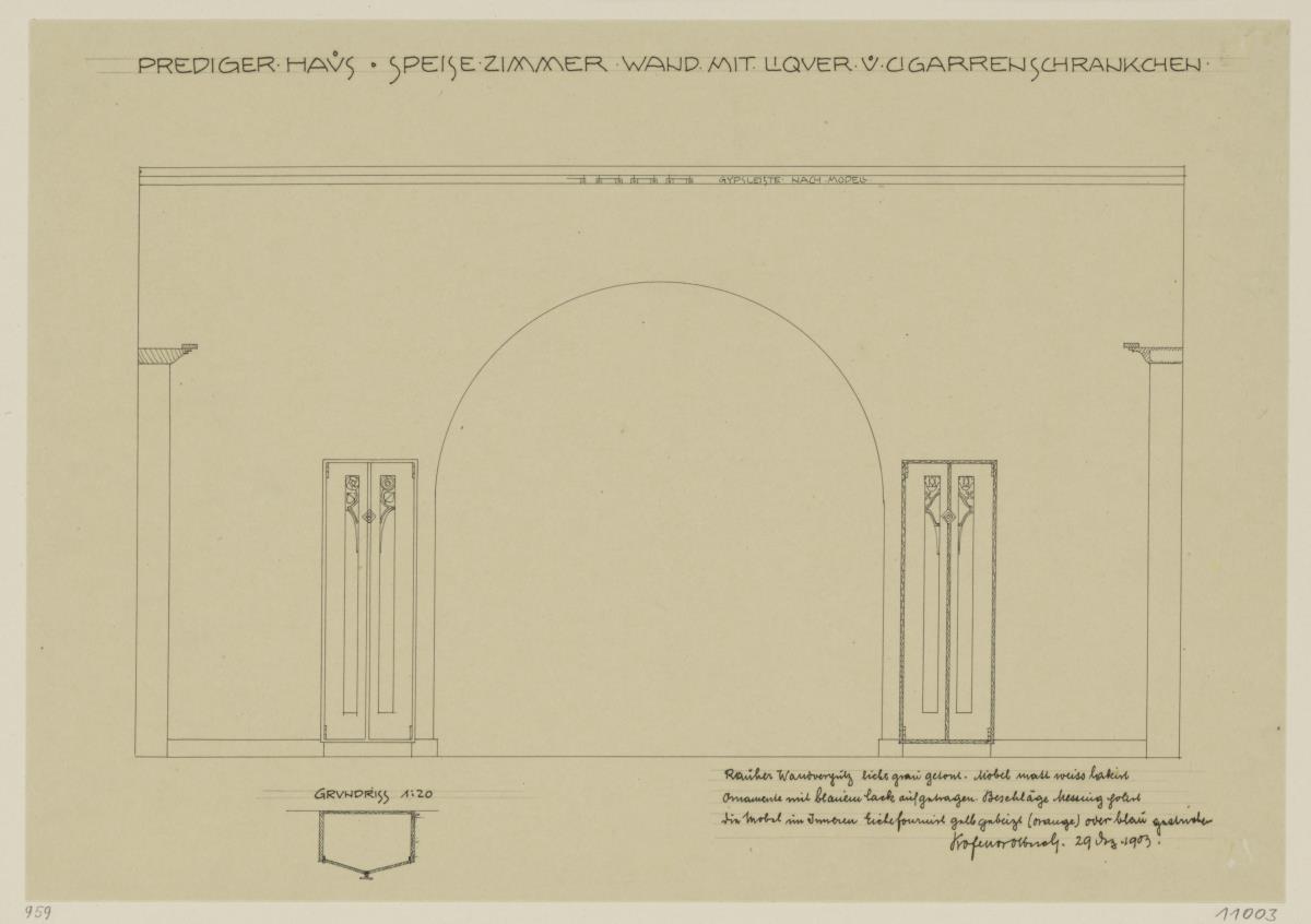 Darmstadt, Dreihäusergruppe, Predigerhaus, Erdgeschoss, Speisezimmer, Raum 31, Aufriss der Südwand und Grundriss eines Zierschrankes
