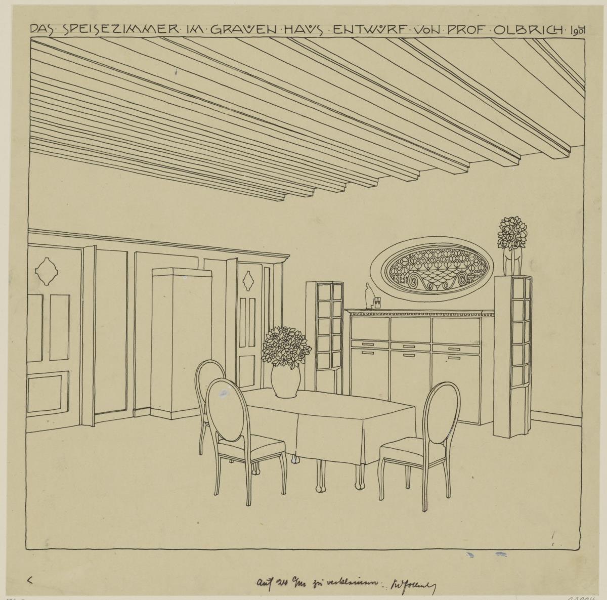 Darmstadt, Dreihäusergruppe; Predigerhaus, Erdgeschoss, Speisezimmer, Raum 31, Perspektive von Südosten