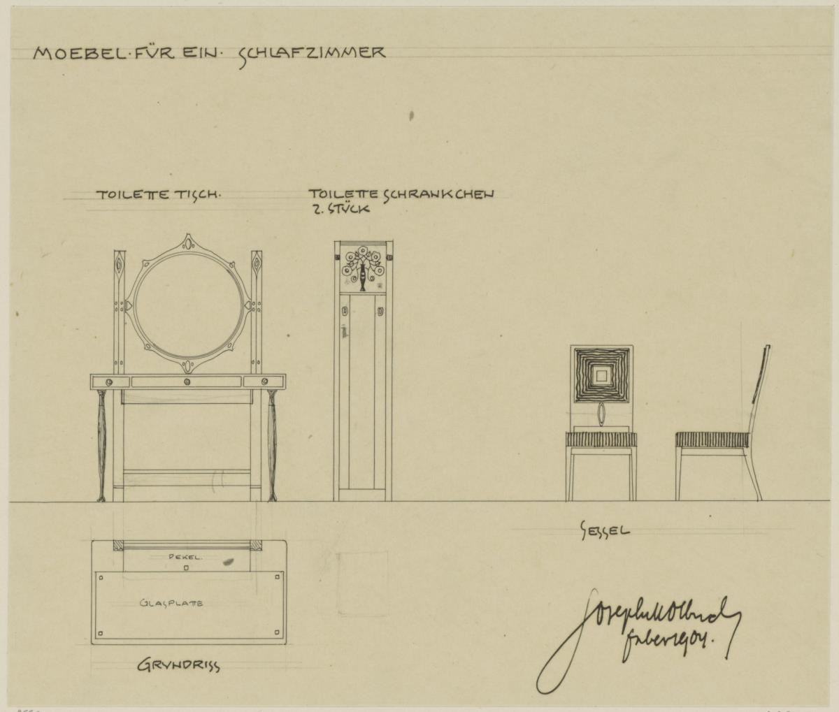 Darmstadt, Dreihäusergruppe, Predigerhaus, erstes Obergeschoss, Schlafzimmer, Raum 35, Aufriss und Grundriss des Toilettentisches, Aufriss des Toilettenschrankes sowie Aufriss und Seitenansicht eines Polsterstuhles