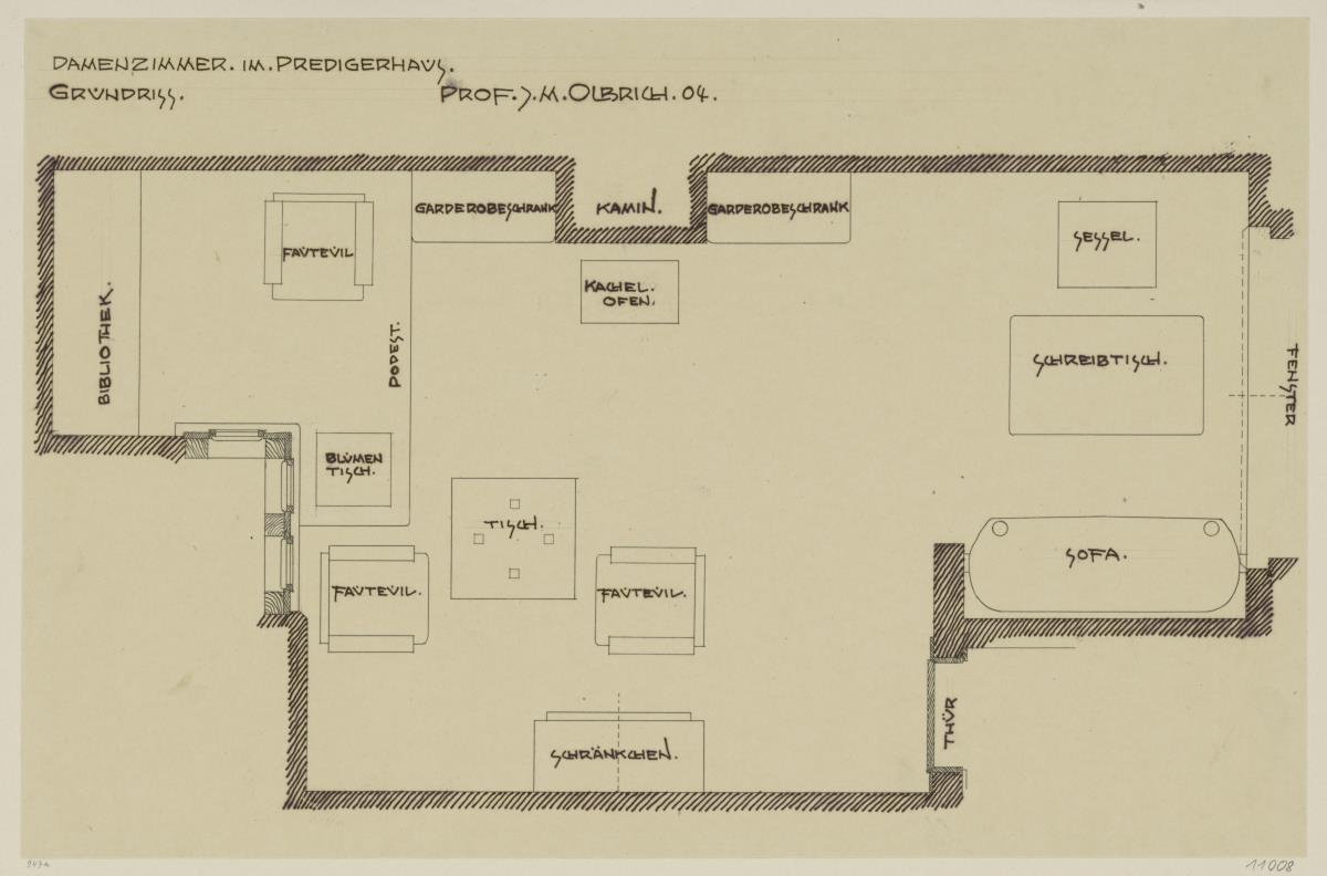 Darmstadt, Dreihäusergruppe, Predigerhaus, erstes Obergeschoss, Wohnzimmer, Raum 37, Grundriss mit Möblierungsplan