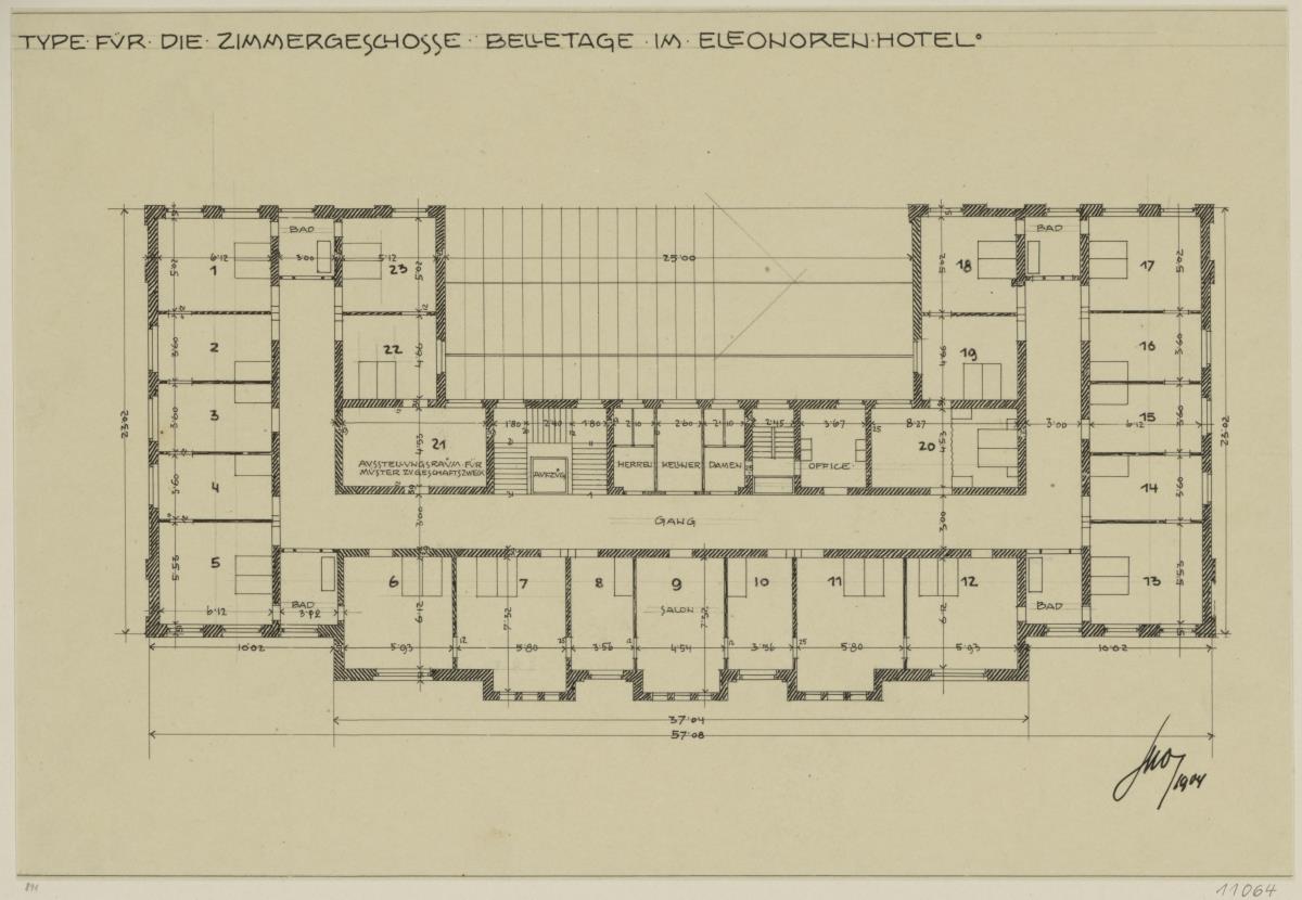 Darmstadt, Projekt Eleonorenhotel, 2. Vorentwurf, erster Obergeschossgrundriss des Hauptgebäudes