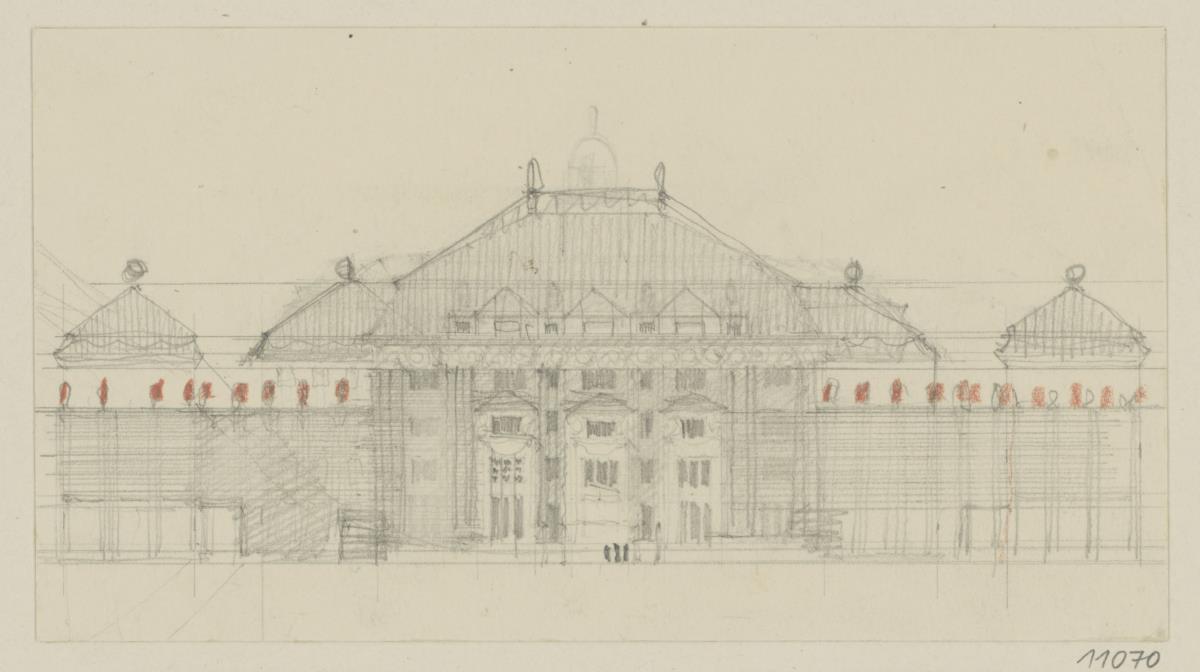 Darmstadt, Projekt Eleonorenhotel, Vorentwurf, Skizzenblatt mit Aufriss der Hauptfassade