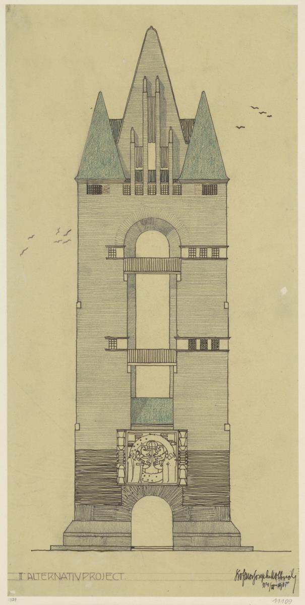 Darmstadt, Ausstellungsgebäude und Hochzeitsturm, 3. Vorentwurf, Aufriss der Hauptfassade
