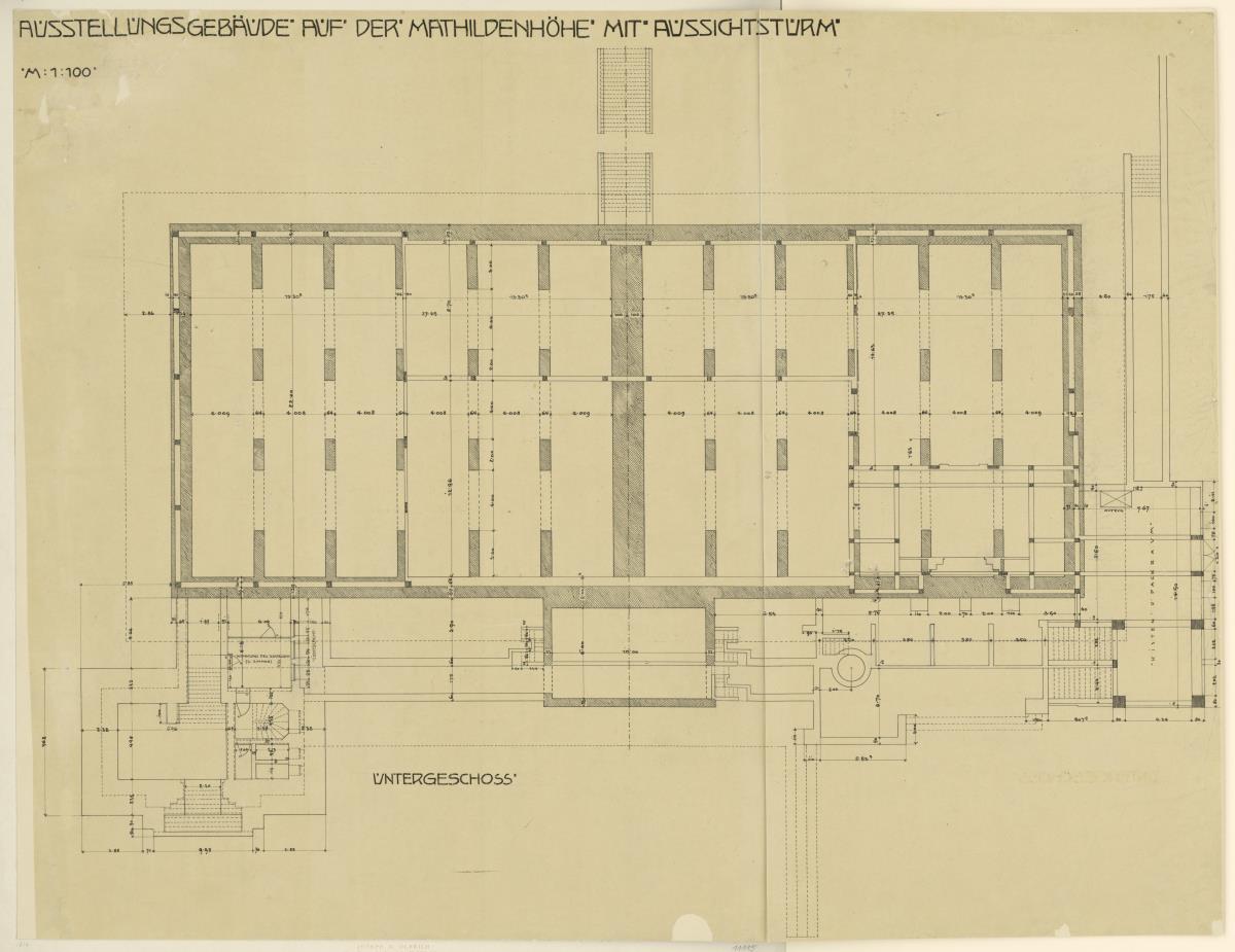 Darmstadt, Ausstellungsgebäude und Hochzeitsturm, Vorentwurf, Grundriss des Untergeschosses
