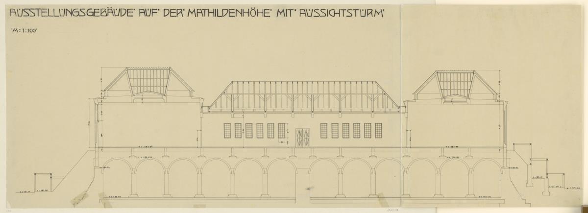Darmstadt, Ausstellungsgebäude und Hochzeitsturm, Vorentwurf, Schnitt durch das Ausstellungsgebäude