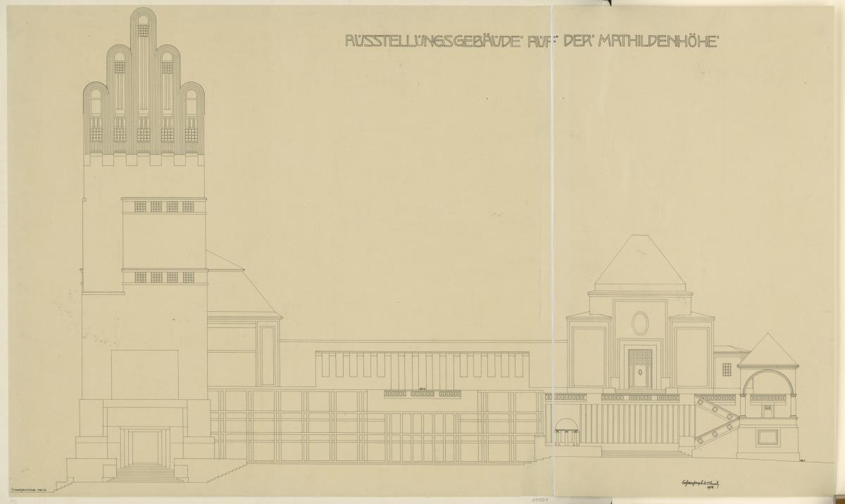 Darmstadt, Ausstellungsgebäude und Hochzeitsturm, Aufriss der Westfassade