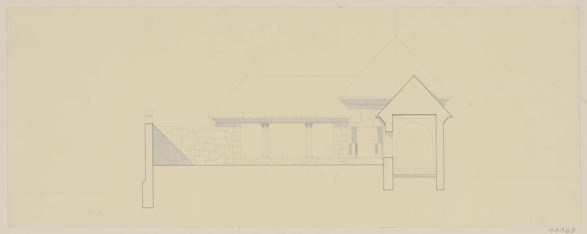 Köln, Frauenrosenhof der Deutschen Kunstausstellung, Vorentwurf, Aufriss der Nordwestfassade des Hofes mit Schnitt durch den Nordostflügel