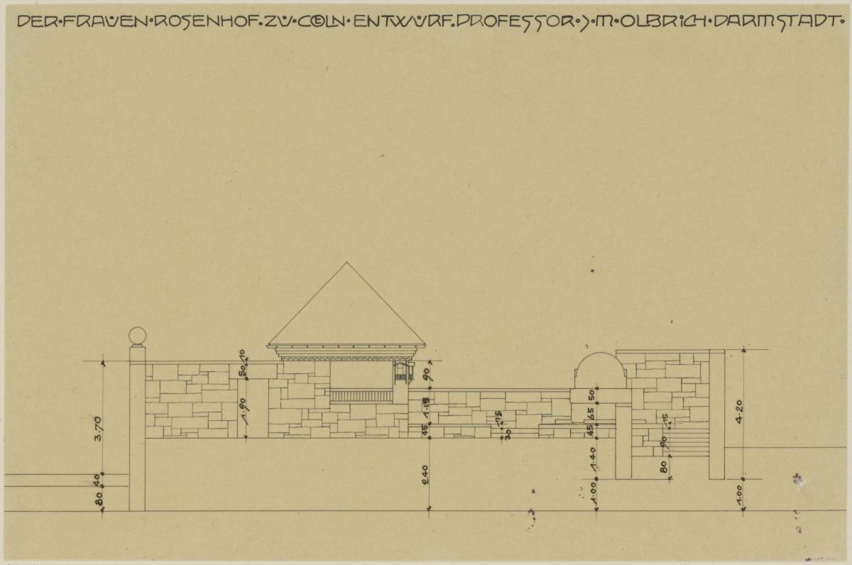 Köln, Frauenrosenhof der Deutschen Kunstausstellung, Aufriss der Nordwestfassade des Hofes