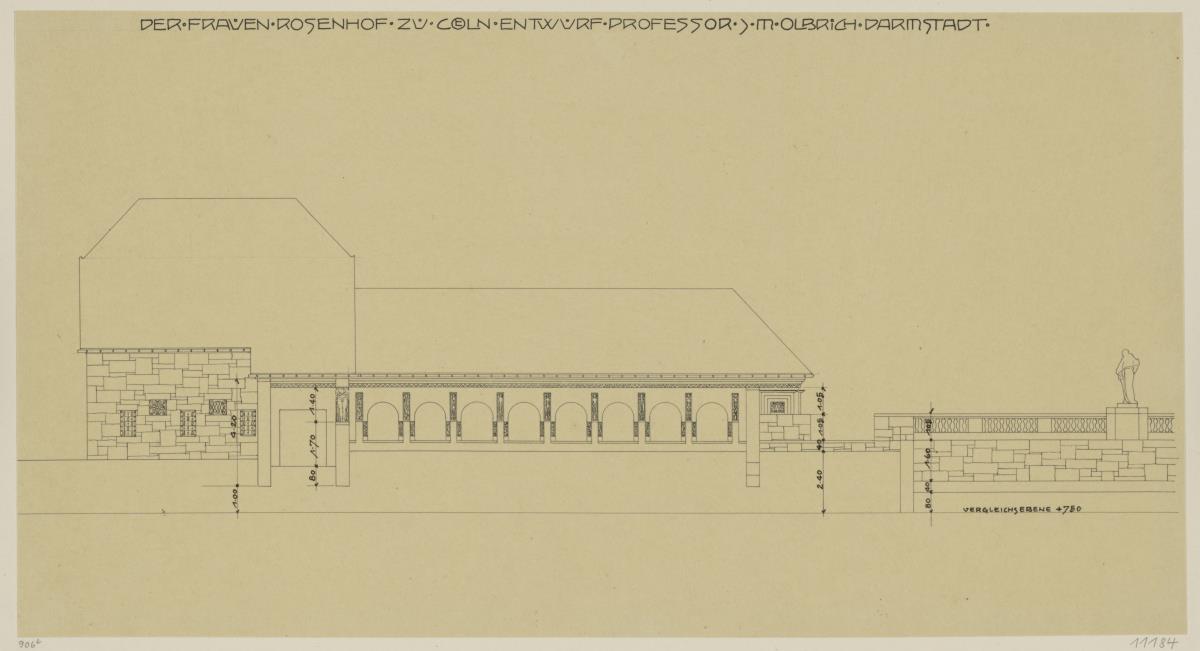 Köln, Frauenrosenhof der Deutschen Kunstausstellung, Aufriss der Südostfassade des Hofes
