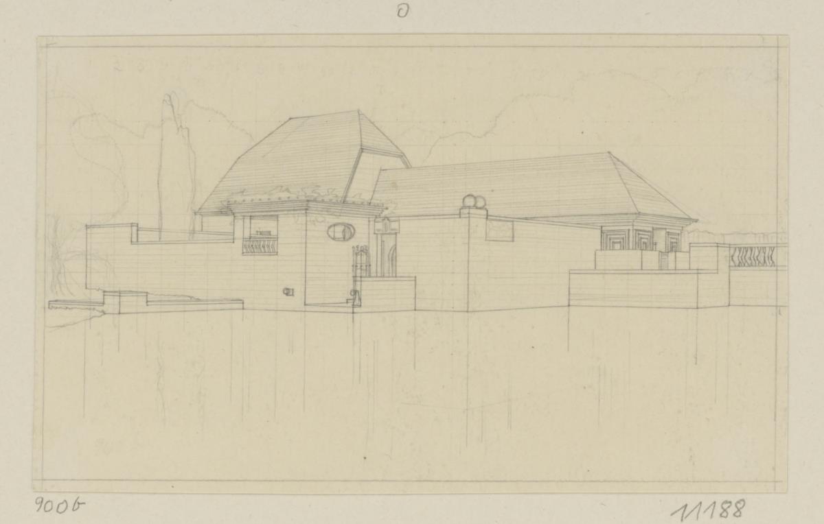 Köln, Frauenrosenhof der Deutschen Kunstausstellung, Skizzenblatt mit Perspektive von Westen
