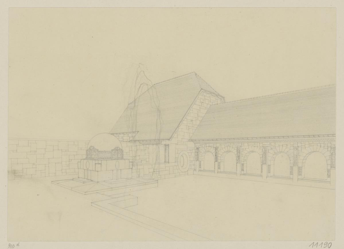 Köln, Frauenrosenhof der Deutschen Kunstausstellung, Perspektive des Hofes von Westen