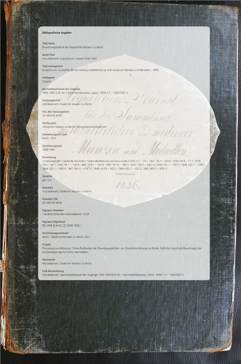 Acquisitions Journal für die Sammlung mittelalterlicher und moderner Münzen und Medaillen - 1836